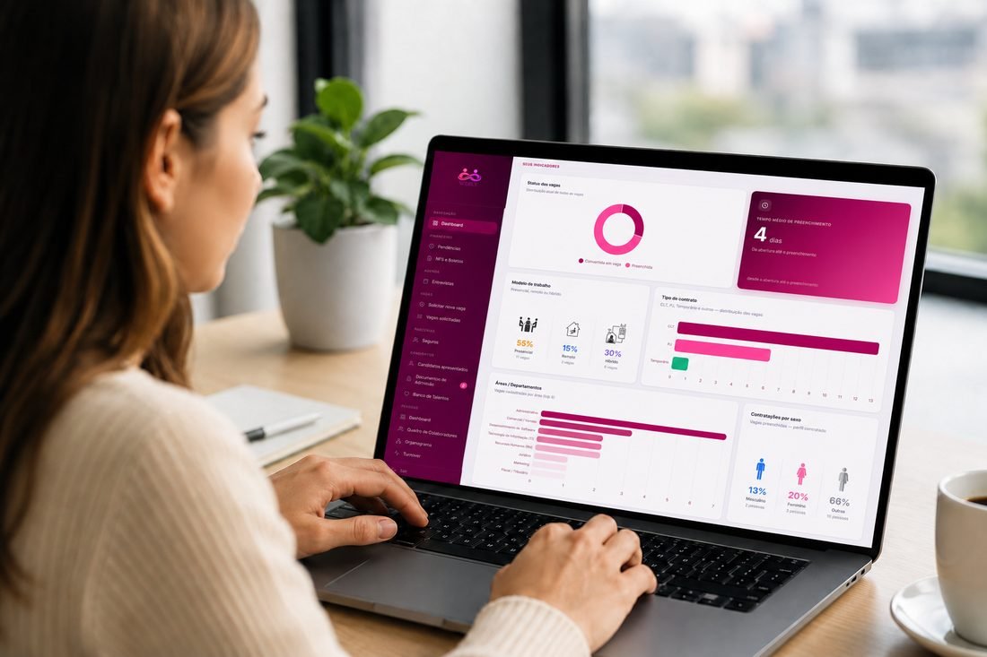 Painel da plataforma Webly com indicadores das vagas e o menu de solicitação de nova vaga